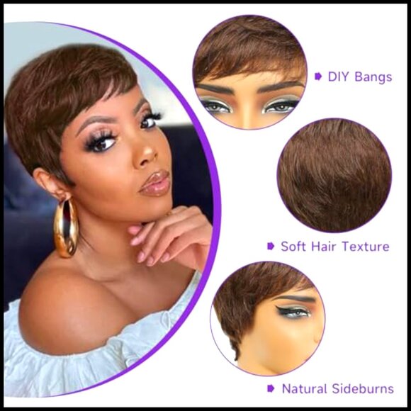 Pixie Cut Human Hair Wig Short Straight With Bangs Glueless Lace Front main image 5